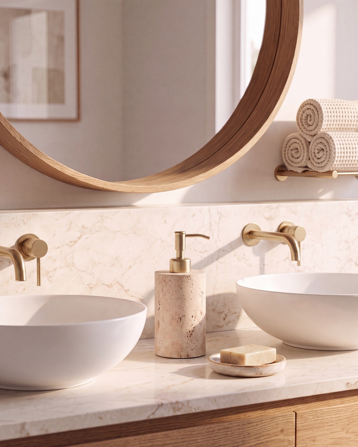 Beige Travertine Soap Dispenser with Gold Pump