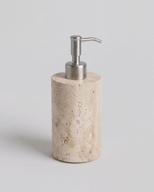 Beige Travertine Soap Dispenser with Silver Pump