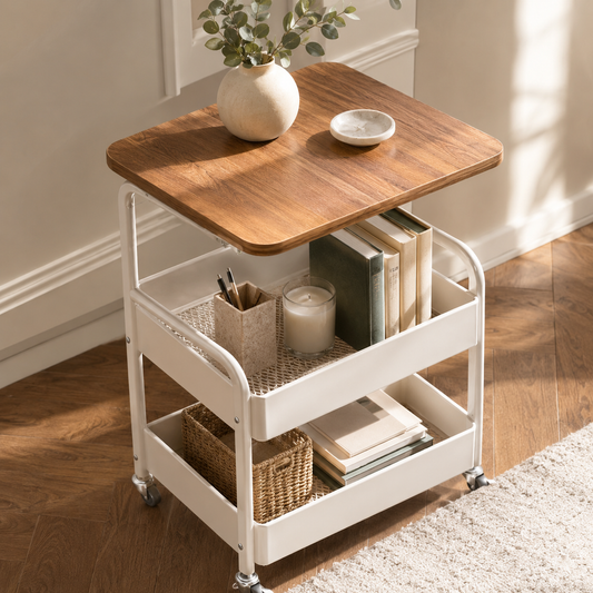 3-Tier Rolling Storage Cart with Wood Tabletop