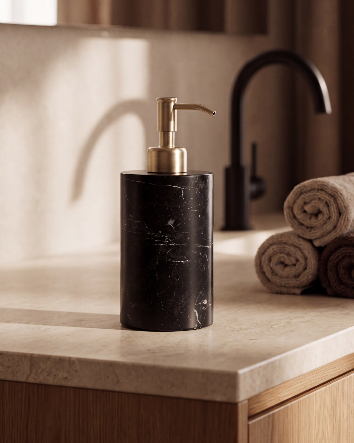 Nero Marquina Marble Soap Dispenser with Gold Pump