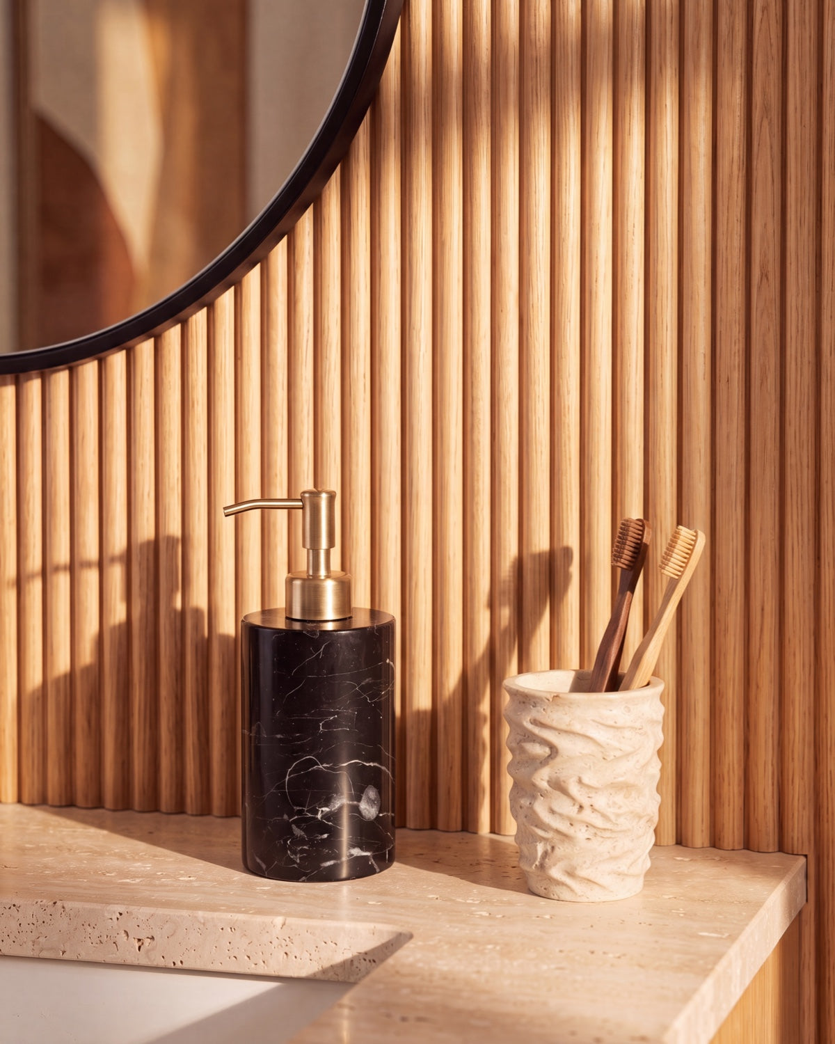 Nero Marquina Marble Soap Dispenser with Gold Pump