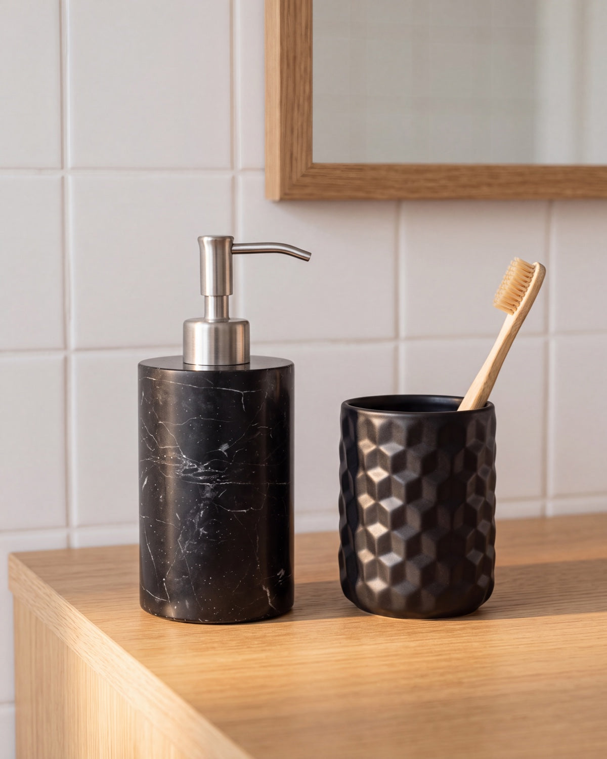 Nero Marquina Marble Soap Dispenser with Silver Pump