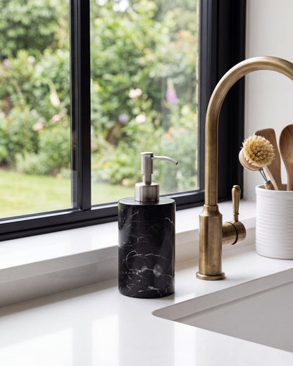 Nero Marquina Marble Soap Dispenser with Silver Pump