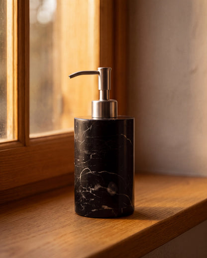 Nero Marquina Marble Soap Dispenser with Silver Pump