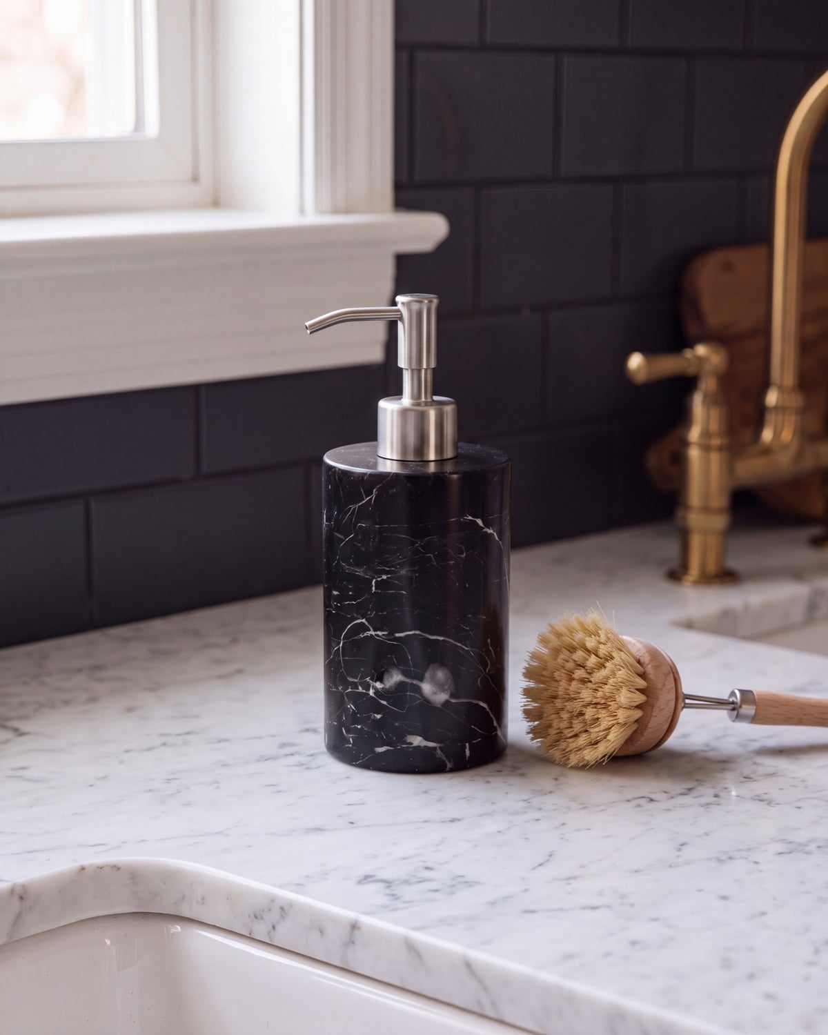 Nero Marquina Marble Soap Dispenser with Silver Pump