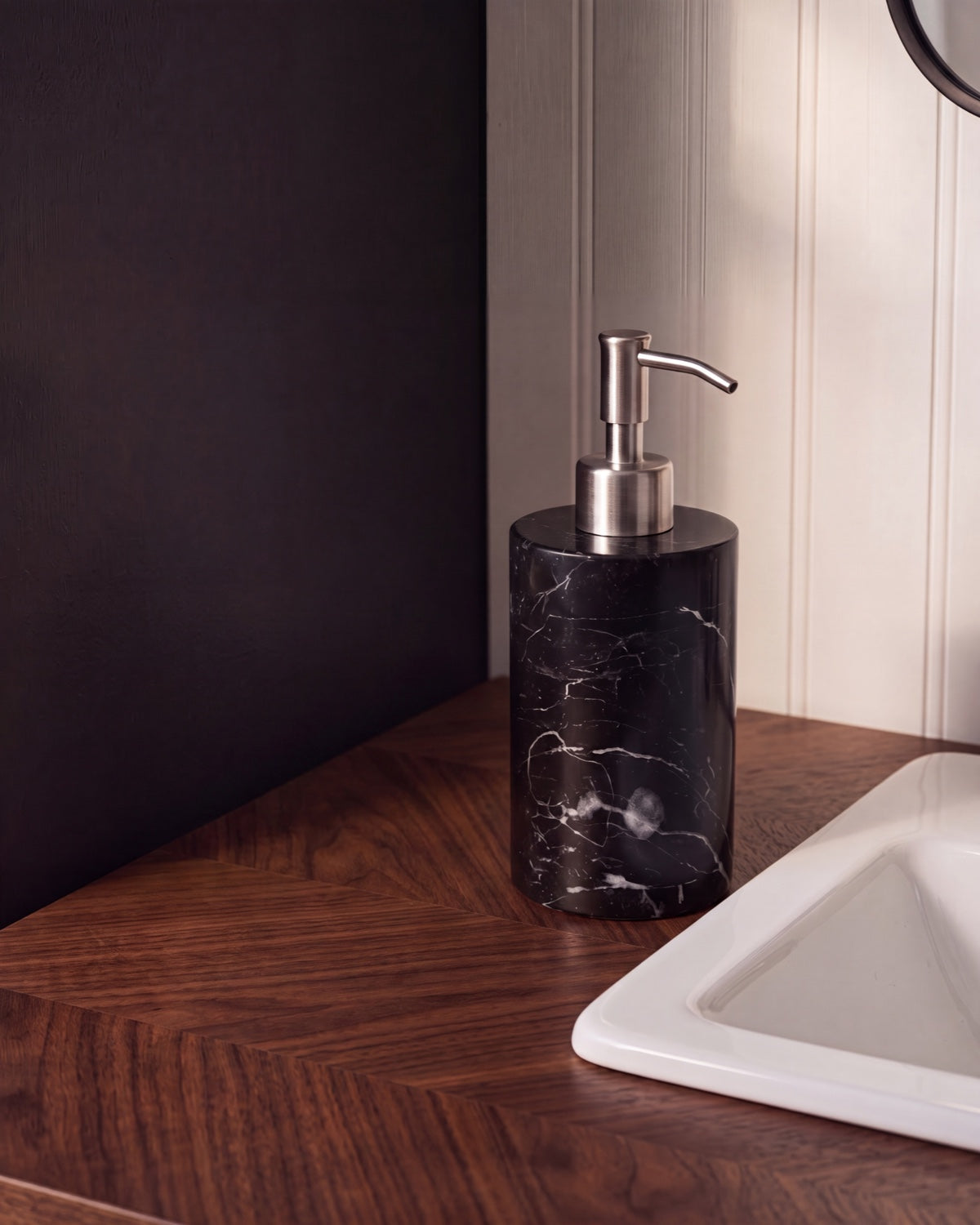 Nero Marquina Marble Soap Dispenser with Silver Pump