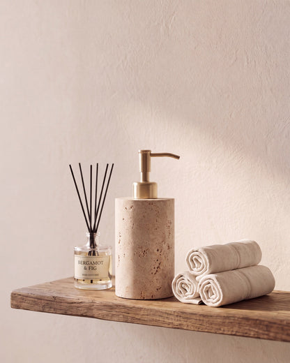 Beige Travertine Soap Dispenser with Gold Pump