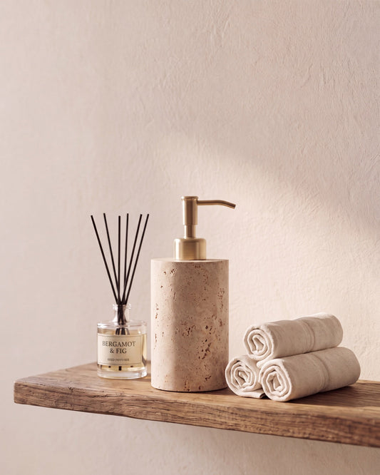 Beige Travertine Soap Dispenser with Gold Pump