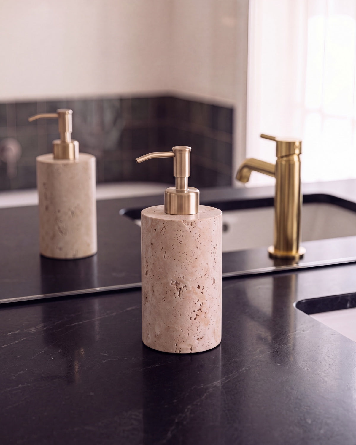 Beige Travertine Soap Dispenser with Gold Pump