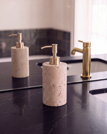 Beige Travertine Soap Dispenser with Gold Pump