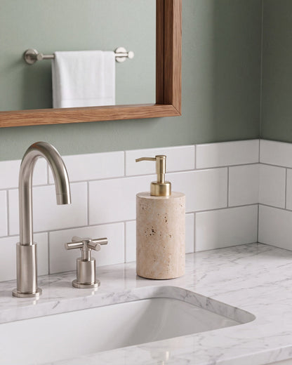 Beige Travertine Soap Dispenser with Gold Pump
