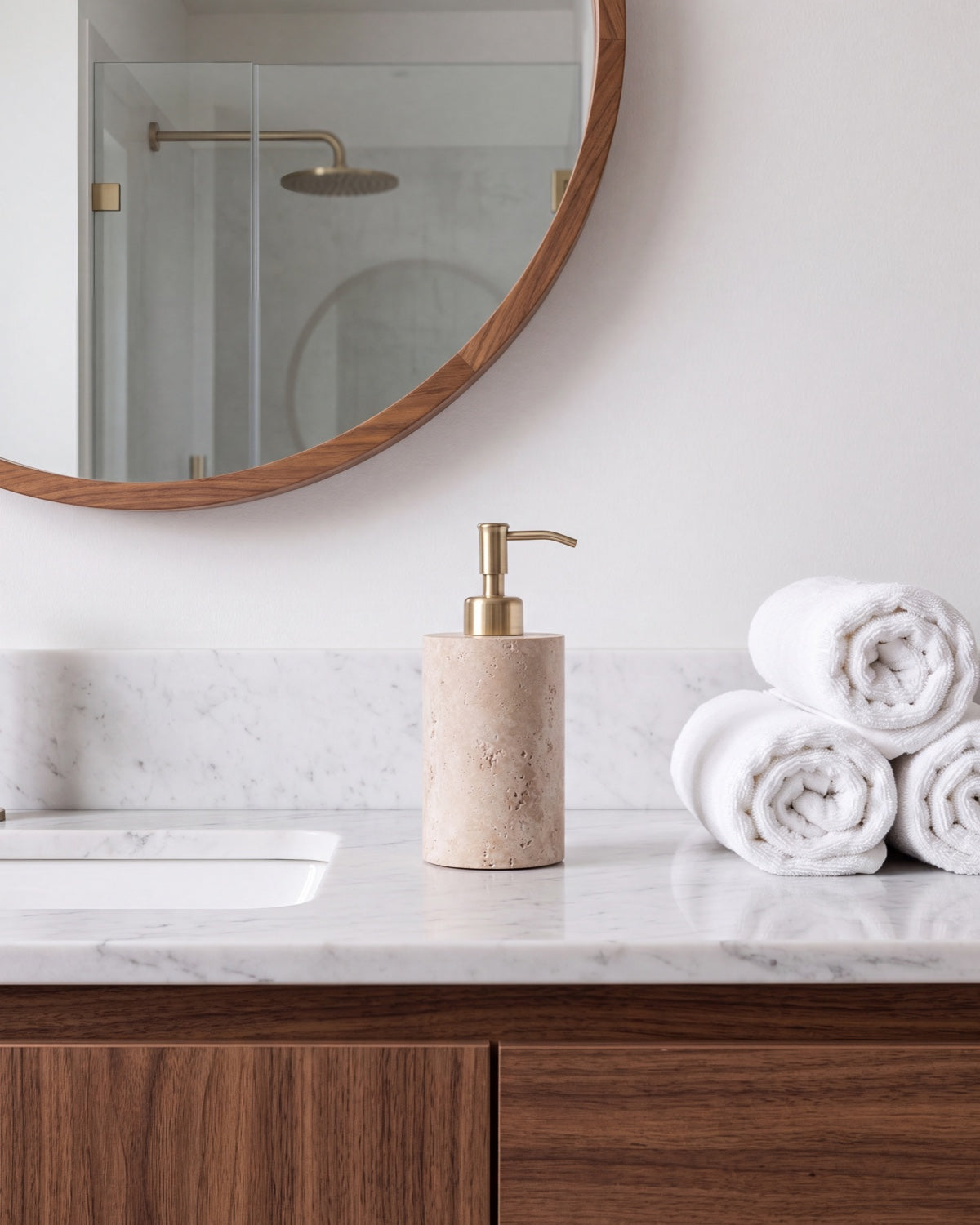 Beige Travertine Soap Dispenser with Gold Pump