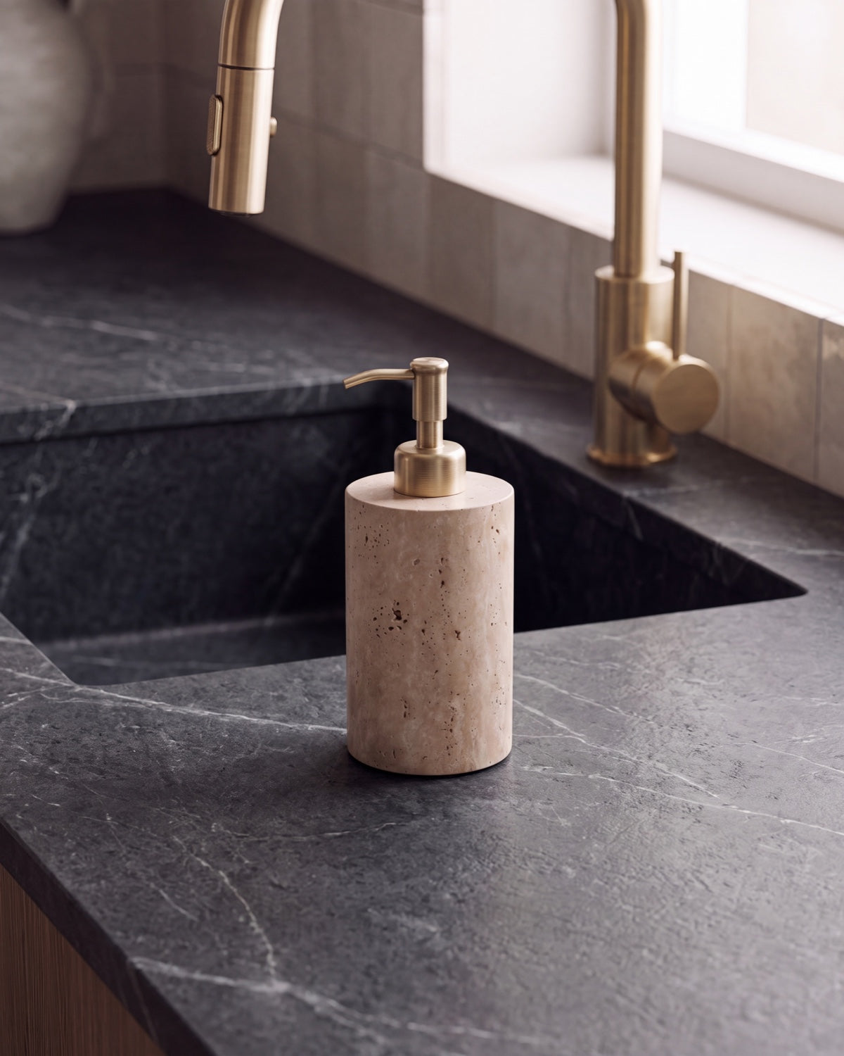 Beige Travertine Soap Dispenser with Gold Pump