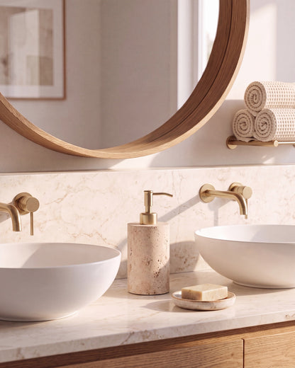 Beige Travertine Soap Dispenser with Gold Pump
