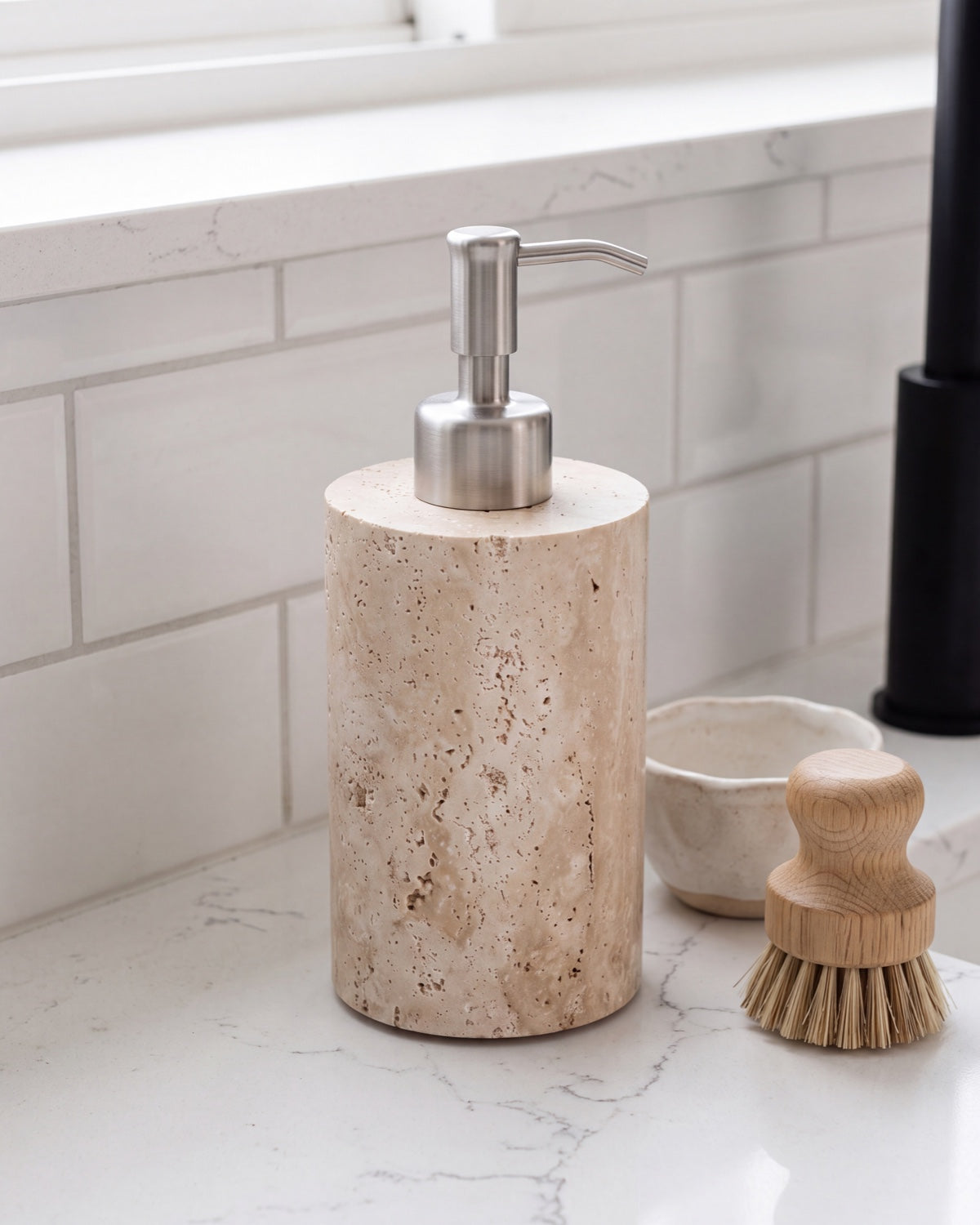 Beige Travertine Soap Dispenser with Silver Pump