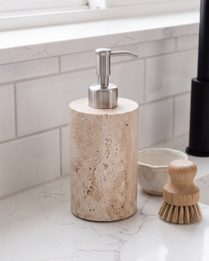 Beige Travertine Soap Dispenser with Silver Pump