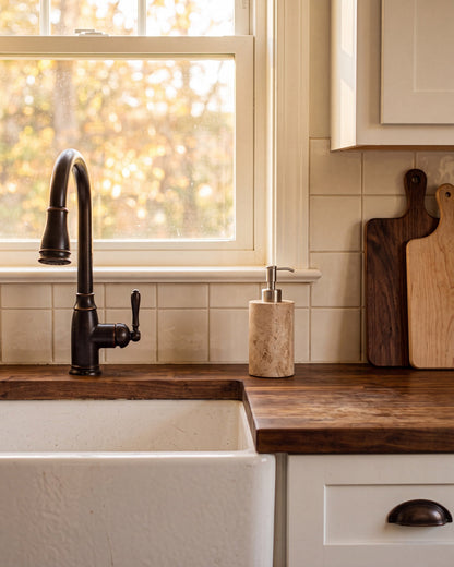 Beige Travertine Soap Dispenser with Silver Pump