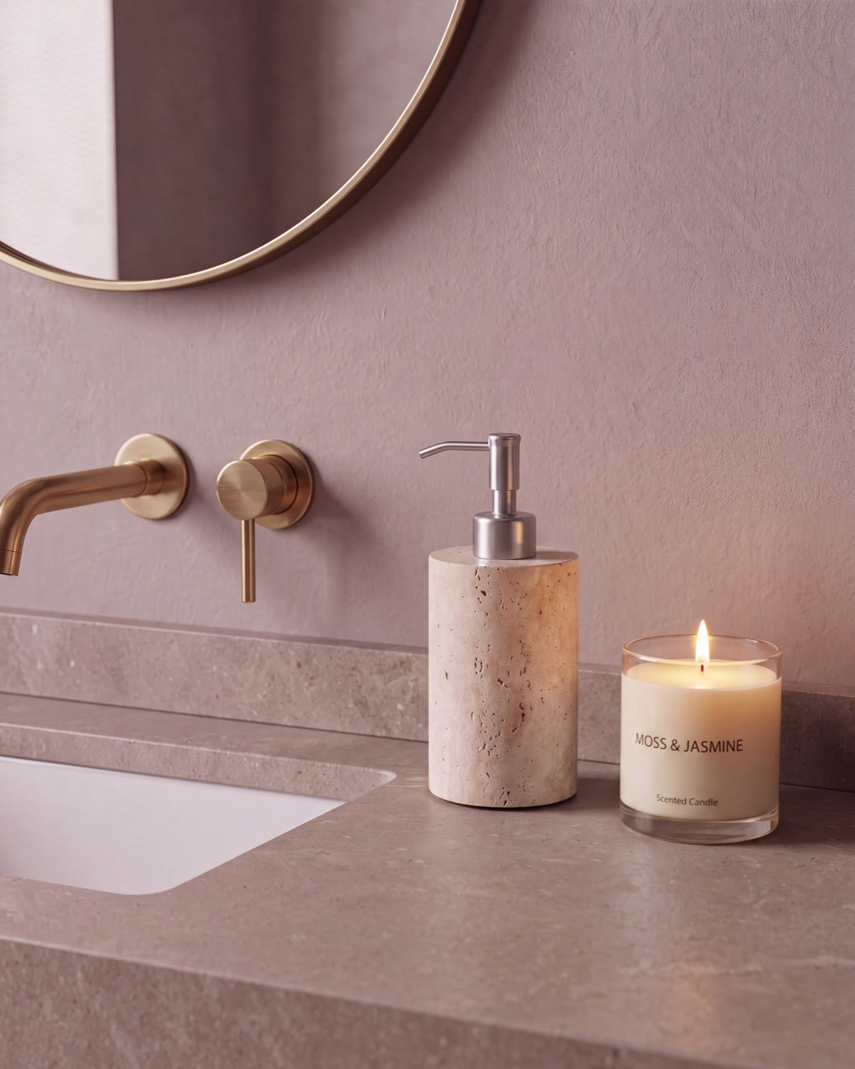 Beige Travertine Soap Dispenser with Silver Pump