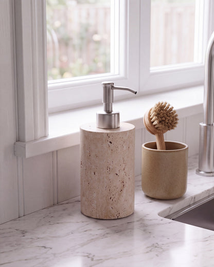 Beige Travertine Soap Dispenser with Silver Pump