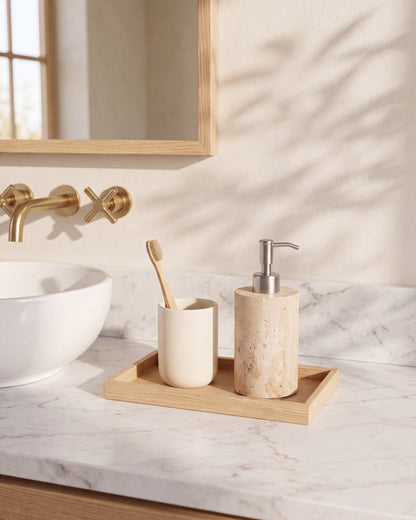 Beige Travertine Soap Dispenser with Silver Pump