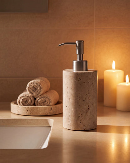Beige Travertine Soap Dispenser with Silver Pump