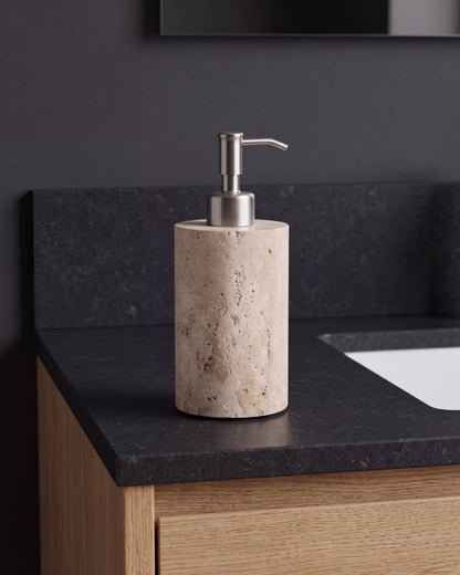 Beige Travertine Soap Dispenser with Silver Pump