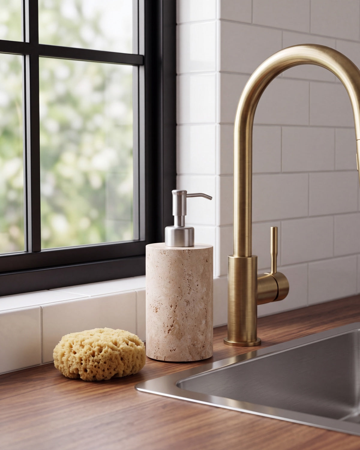 Beige Travertine Soap Dispenser with Silver Pump