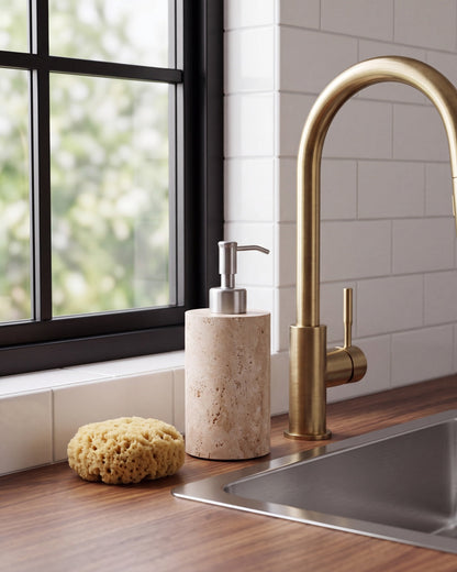 Beige Travertine Soap Dispenser with Silver Pump