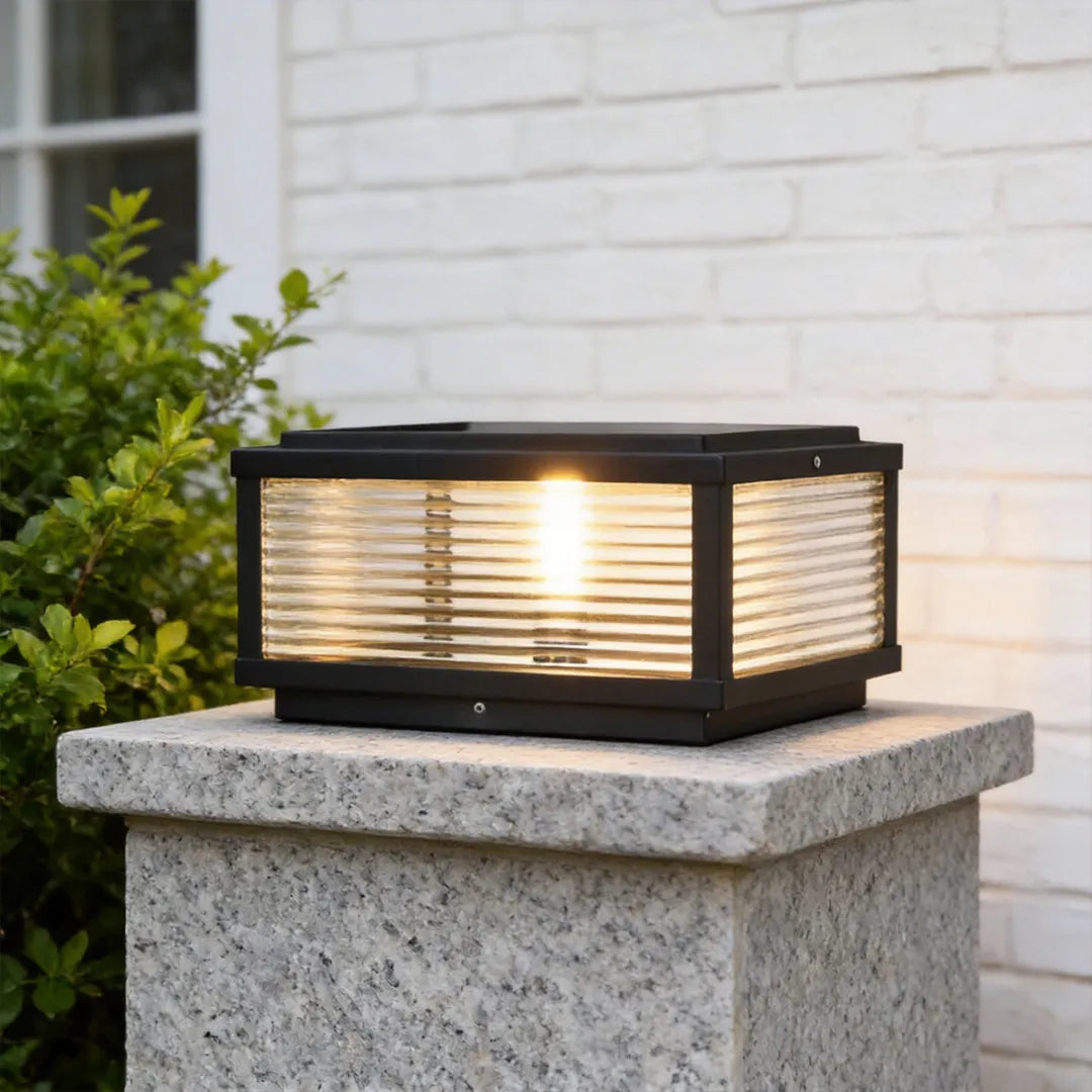 Square Outdoor Post Light with Ribbed Glass, Modern Metal Pillar Light