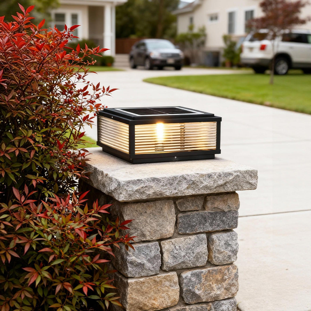 Square Outdoor Post Light with Ribbed Glass, Modern Metal Pillar Light