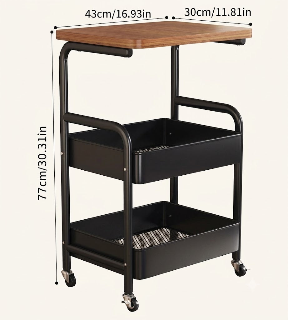 3-Tier Rolling Storage Cart with Wood Tabletop