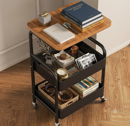 3-Tier Rolling Storage Cart with Wood Tabletop