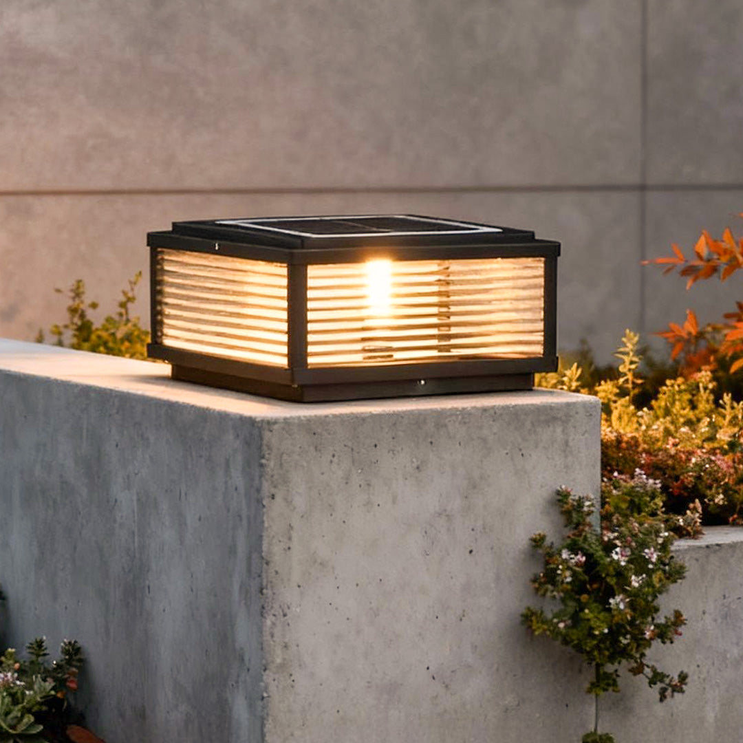 Square Outdoor Post Light with Ribbed Glass, Modern Metal Pillar Light