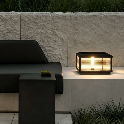 Square Outdoor Post Light with Ribbed Glass, Modern Metal Pillar Light
