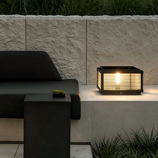 Square Outdoor Post Light with Ribbed Glass, Modern Metal Pillar Light