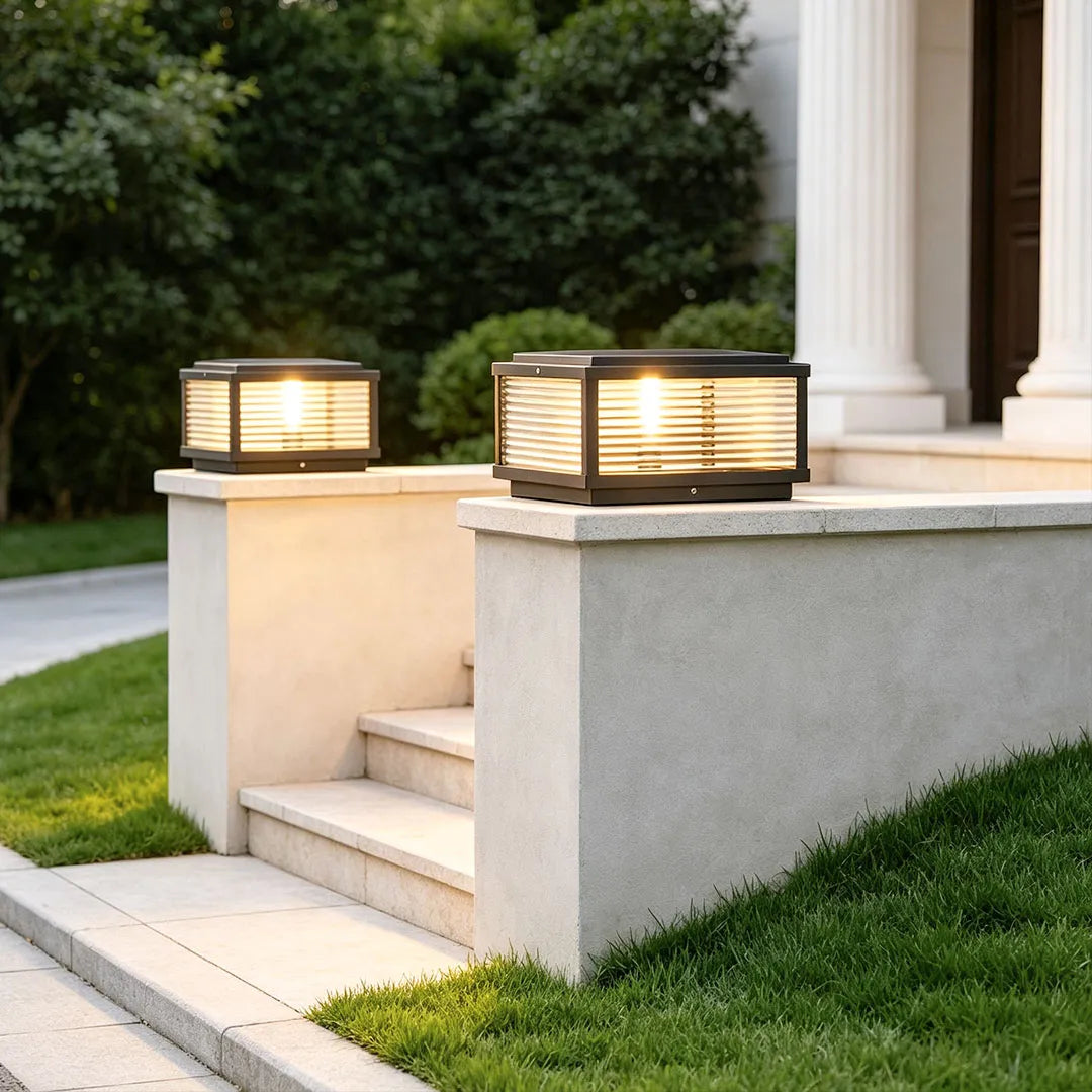 Square Outdoor Post Light with Ribbed Glass, Modern Metal Pillar Light