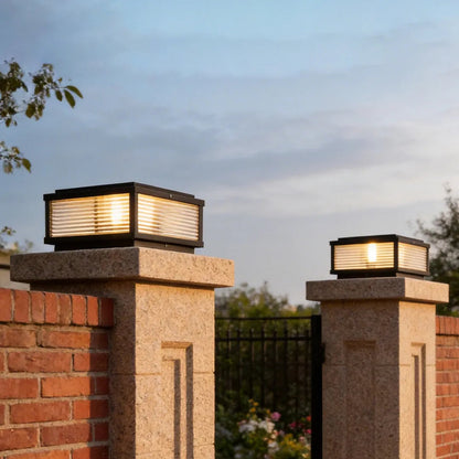Square Outdoor Post Light with Ribbed Glass, Modern Metal Pillar Light