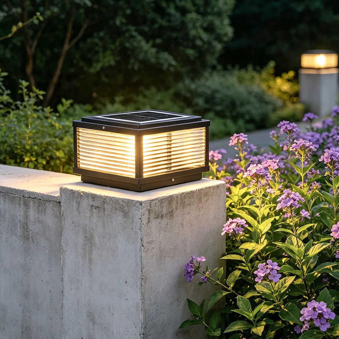 Square Outdoor Post Light with Ribbed Glass, Modern Metal Pillar Light