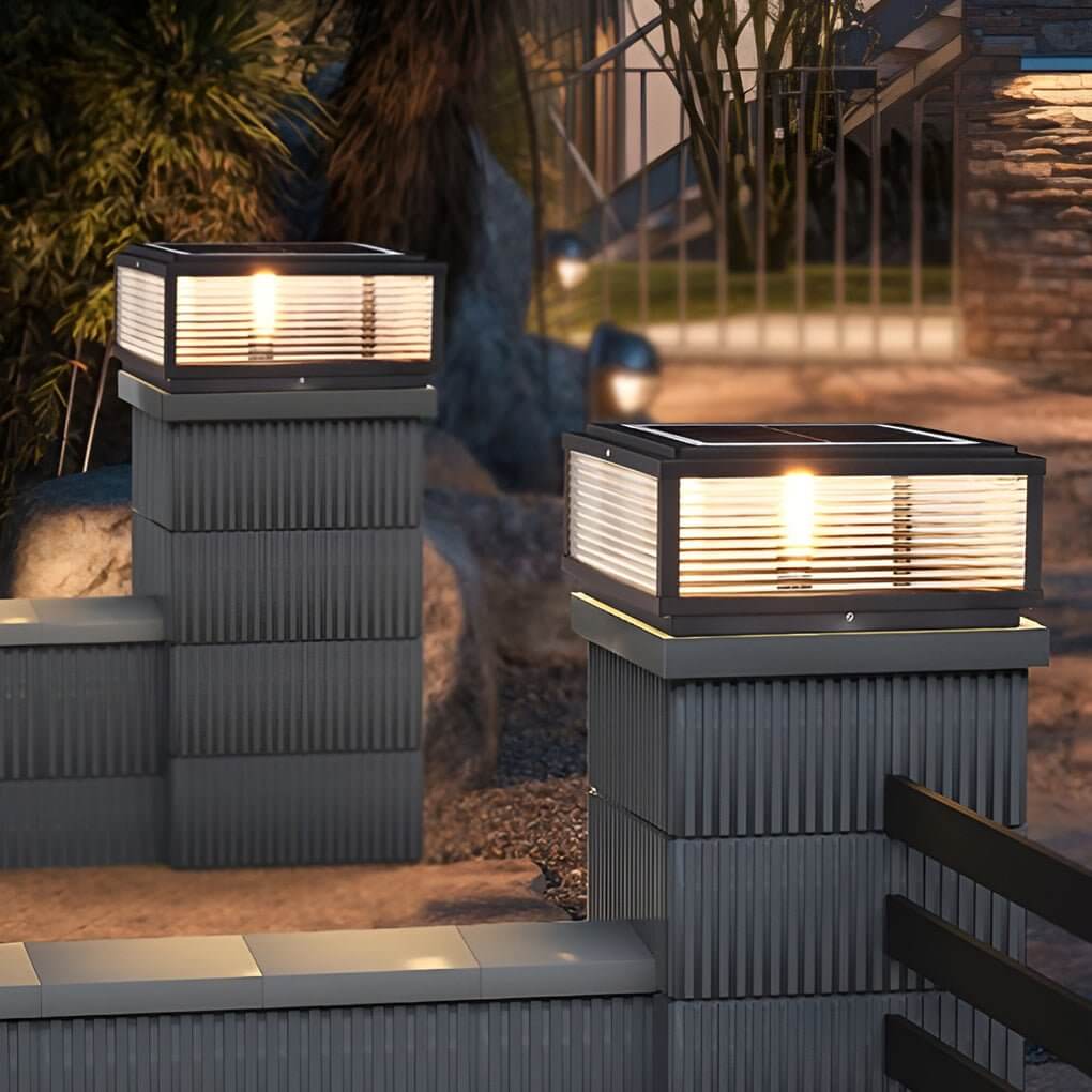 Square Outdoor Post Light with Ribbed Glass, Modern Metal Pillar Light