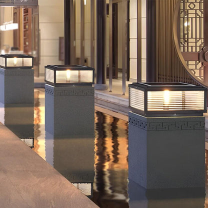 Square Outdoor Post Light with Ribbed Glass, Modern Metal Pillar Light