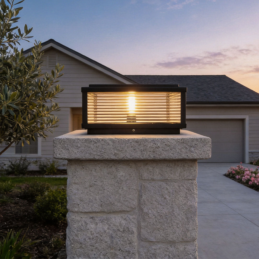 Square Outdoor Post Light with Ribbed Glass, Modern Metal Pillar Light