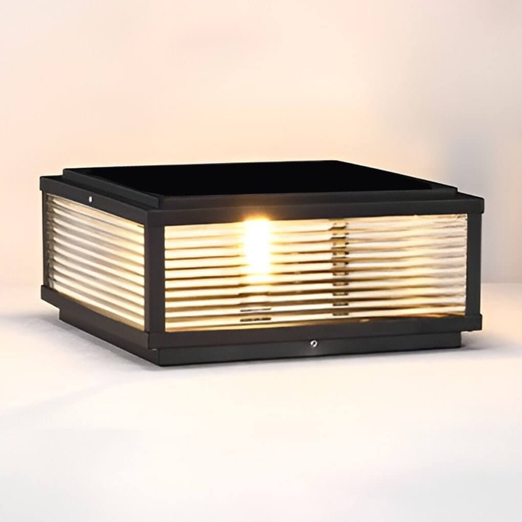 Square Outdoor Post Light with Ribbed Glass, Modern Metal Pillar Light