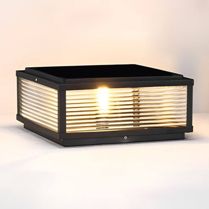 Square Outdoor Post Light with Ribbed Glass, Modern Metal Pillar Light