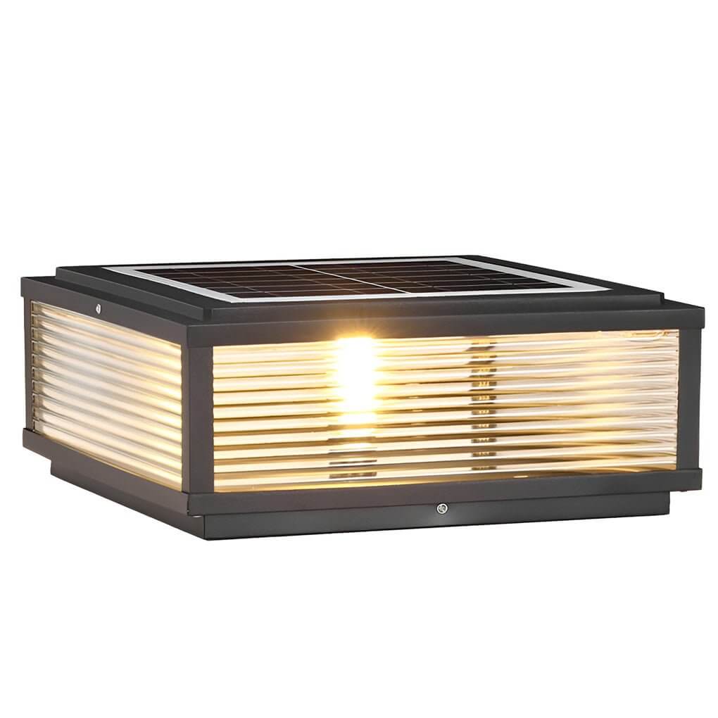 Square Outdoor Post Light with Ribbed Glass, Modern Metal Pillar Light