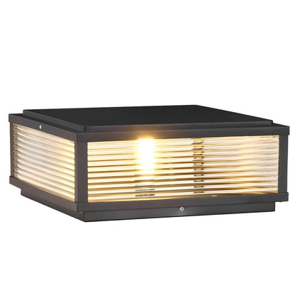 Square Outdoor Post Light with Ribbed Glass, Modern Metal Pillar Light