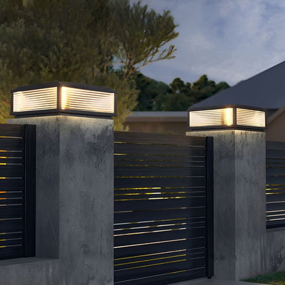 Square Outdoor Post Light with Ribbed Glass, Modern Metal Pillar Light