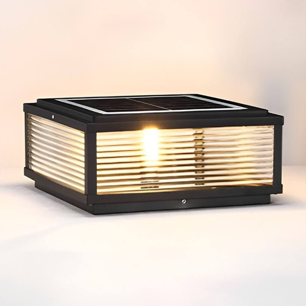 Square Outdoor Post Light with Ribbed Glass, Modern Metal Pillar Light
