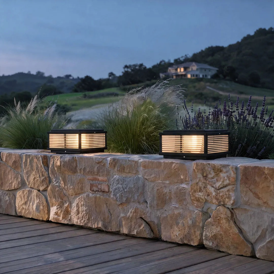 Square Outdoor Post Light with Ribbed Glass, Modern Metal Pillar Light