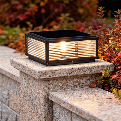 Square Outdoor Post Light with Ribbed Glass, Modern Metal Pillar Light